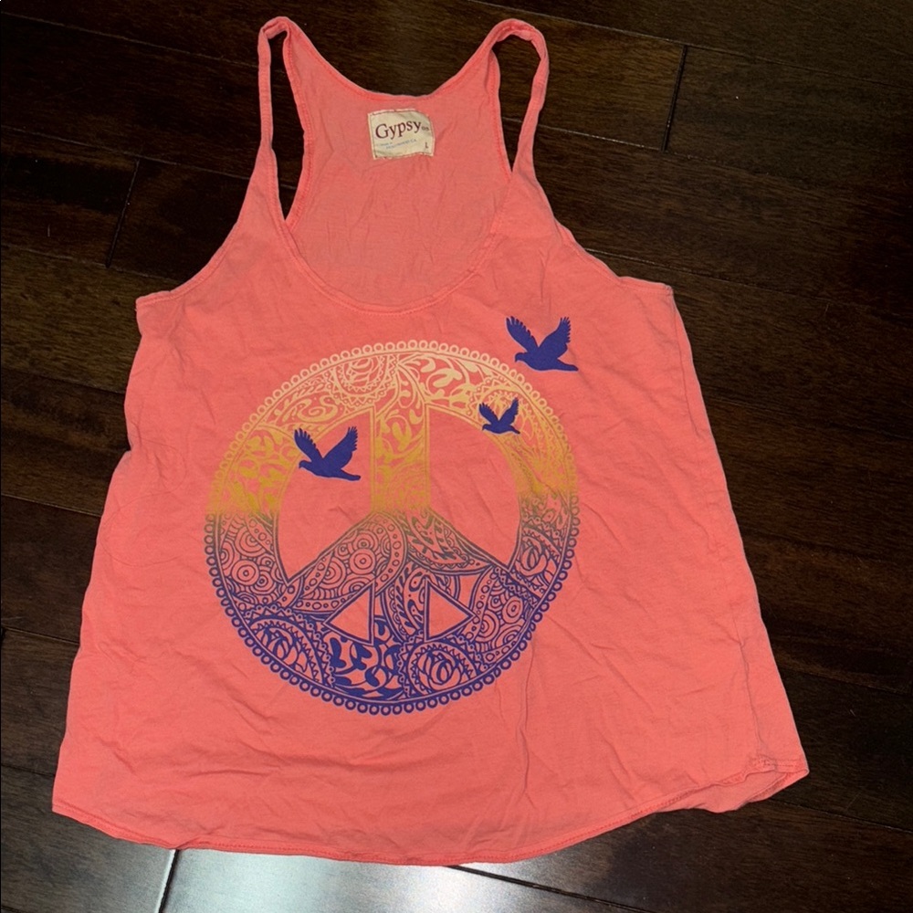 Gypsy 05 Coral Orange Peace Hippie Tank Top size Large